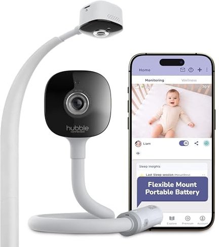 HUBBLE CONNECTED GoBaby AI Portable Baby Monitor — 2K Ultra Clear HD Baby Camera w/Portable Battery, Rollover Detection, True Cry Alerts, Sleep Analytics — Includes Flexible Mount and Power Cables