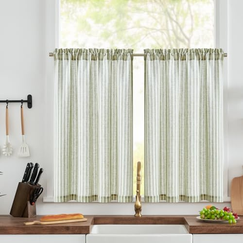 TOPICK Kitchen Curtains, Linen Look Cafe Curtains W36 xL36 Green Striped | 2 Panels 36 Inch Drop Rod Pocket Small Light Filtering Privacy Curtains for Living Room, Bedroom, Cupboard Base, Sink