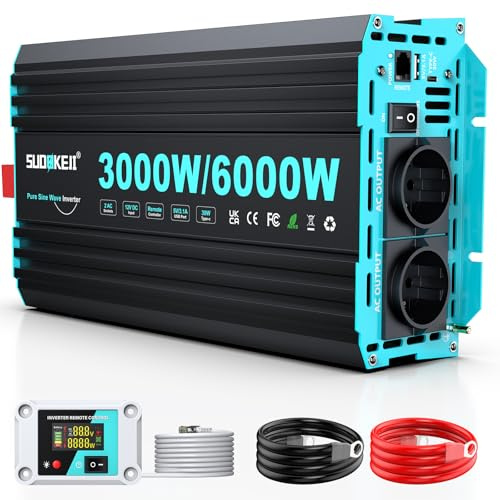 Inversor SUDOKEJI 3000W/6000W de Onda Sinusoidal Pura, Convertidor 12V-230V con Mando LCD, Puertos USB/Tipo-C y 2 Tomas UE para Solar, Vehículos y Autocaravanas