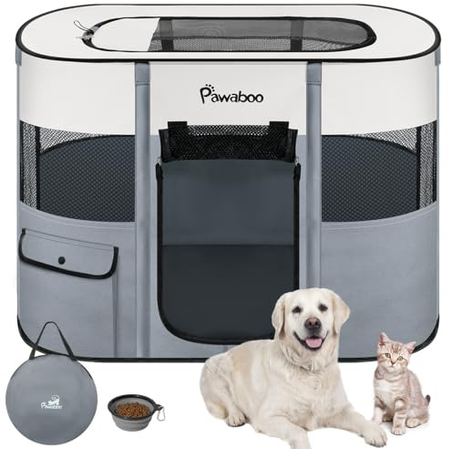 Pawaboo Parc Enclos Pliable Chien Chat, Enclos Intérieur Extérieur Portable, Cage Clôture Tente d'exercice en Tissu Oxford pour Petits Animaux, avec Bol à Nourriture, L, Gris