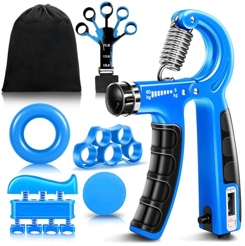 Flintronic Hand Grip, Kit Rafforzatore Mani, Set da 6 Gripper, Resistenza Regolabile 5-60kg, Allenamento della Forza di Presa con Contatore, per Musicisti Atleti ed Recupero di Lesioni alla Mano(Blu)