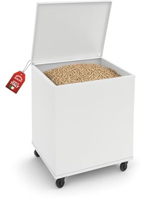MOHOME Porta Pellet da Interno Made in Italy Contenitore Baule Portapellet in Metallo Bianco 50 x 40 x 55 cm Capacità 110 L Ruote Girevoli Scatola Cesto per Stufa a Pellet Camino