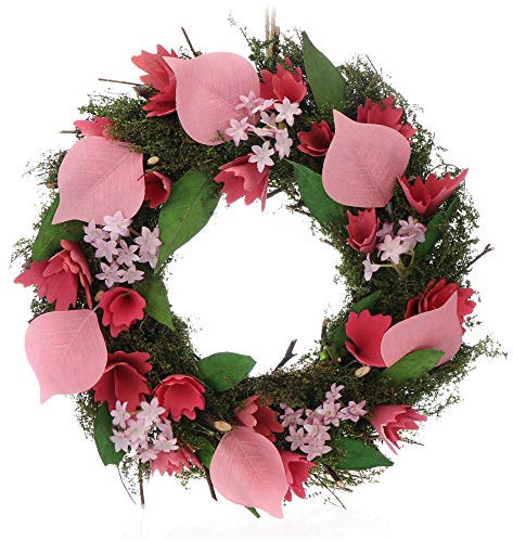 COM-FOUR® Türkranz Frühling mit Blumen aus Holz und Blättern - Dekorativer Tischkranz - Kranz Deko mit Aufhänger