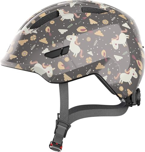ABUS Kinderhelm Smiley 3.0 - Fahrradhelm mit tiefer Passform, kindergerechten Designs & Platz für einen Zopf - für Mädchen und Jungs - Grau mit Pferde-Muster, Größe S
