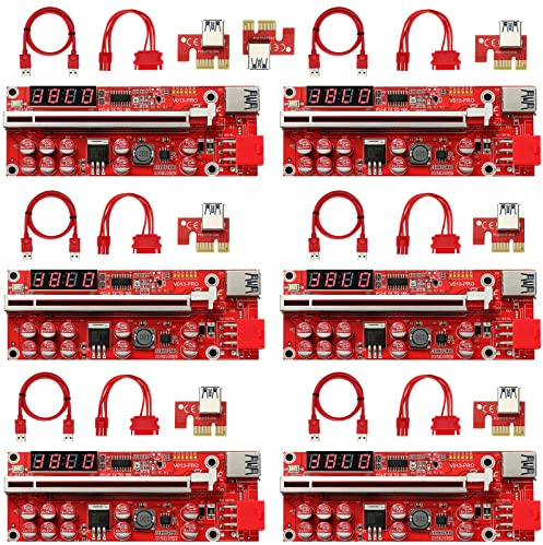 MZHOU PCIE Riser 1X to 16X Riser Card - PCIe Tarjeta Vertical Adapter Ethereum ETH Bitcoin Mining Devices - Plataforma de minería de criptomonedas digitals GPU Riser (VER013 Pro Red 6 Pack)