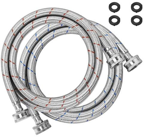 Stainless Steel Washing Machine Hoses 4FT Washer Hoses 3/4 NPT Connection Red and Blue Water Supply Lines by Fetechmate Hot and Cold Washer Hoses (2 Pack) - 10 YEAR WARRANTY