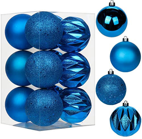 12 pcs Christmas Baubles Xmas Ball Ornaments with Strings, 80mm/3.1 Blue Shatterproof Plastic Hanging Decorations, Christmas Tree Pendants for Home Party Wedding Holiday