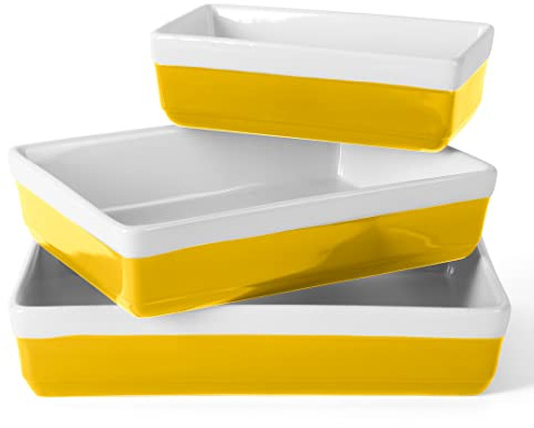 MARTHA STEWART 3-Piece Oven to Table Stoneware Bakeware Set – Baking Dish & Casserole Set – Yellow – Durable Oven-Safe Bakeware for Baking and Serving