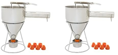 eGenuss 2 Embudos dispensadores de masa en acero inoxidable con asa desmontable + boquillas de silicona + pedestal con colector de masa + bolsa | porcionador de masa con medida graduada | 1200ml