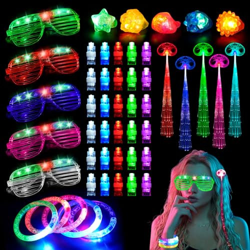 PartyBrille LED Brille 51 Stück Knicklichter Party Set LED Armbänder,Blinkende Gel-Ringe,Party Favours Glow in The Dark Party Supplies für Geburtstagsfeier, Karneval, Halloween