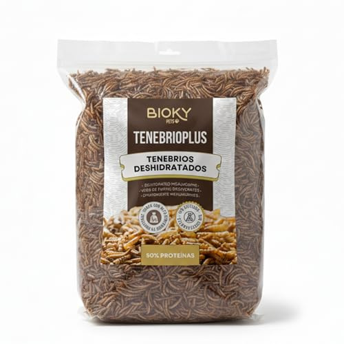 Bioky Gusanos de la Harina 1 KG - Tenebrios Deshidratados Premium 6,5L - Comida para Aves, Tortugas, Peces, Hamster, Pájaros, Roedores | +50% Proteína