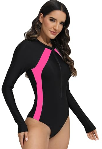 Odizli Swimming Costume Women Long Sleeve Floral Zipper Zip Up One Piece Swimsuit Ladies Muslim Full Body Burkini Modest Swimwear Rash Guard Neoprene Bathing Suits Wet Surf Wetsuit Pink M
