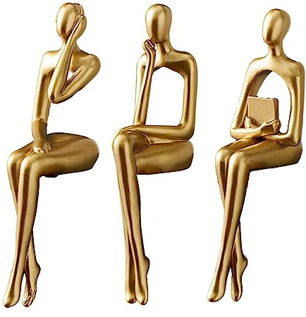 Sonhomay Lot de 3 figurines abstraites dorées en résine - Sculpture abstraite - Statue de penseur assis pour la maison, le bureau, la table, la bibliothèque