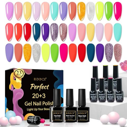 EODCI UV Nagellack Set, 23 Stück Gel Nagellack mit Unterlack, Überlack, Matte Überlack, Gellack Gel Nagellack Rosa Marine Gelb Neon Rot Glitzer Farbgel für Nagelstudio Starter Maniküre Geschenkset