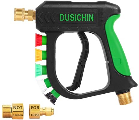 DUSICHIN Short Pressure Washer Gun Car Wash Foam Gun 1/4 Quick Connector, Power Washer Wand Sprayer Foam Green Handle with 3/8 Quick Connect, M22-14 mm and M22-15 mm Fitting,5 Nozzles DUS2701