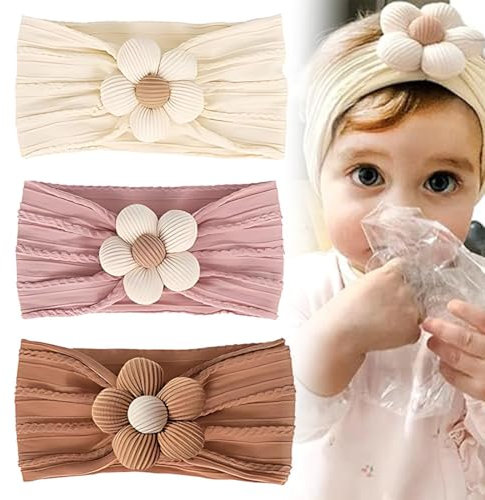 QOWUXHZ 3 Stück Stirnband Baby Mädchen Baby Blumen Stirnband Nylon Baby Stirnbänder Weiche Haarbänder Baby Zubehör Für Neugeborene Kleinkinder Braun Rosa Beige