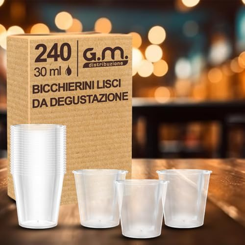 G.M. DISTRIBUZIONE 240 Bicchieri da Liquore, Shot in Plastica Rigida, Bicchierini Liscio da 30cc, Resistenti e Riutilizzabili. Bicchieri da Shottino Perfetti per le Feste