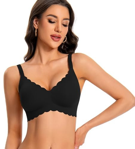 ANGOOL Seamless Bras for Women Wire Free Push Up V Neck Padded Bralette Soft Support Full Coverage Comfort Women Bra, Black, L