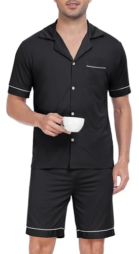 Sopesil Pigiama Uomo Estivo Corto Pigiami Due Pezzi Uomo Cotone con Bottoni Davanti e Maniche Corte Abbigliamento da Notte con Tasche Coulisse,M,Nero