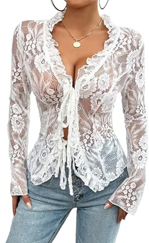 Women Lace Tops Long Sleeve See Through Sexy Deep V Neck Sheer Mesh Crop Top Shirt Open Front Tie Blouse (A-White, M)