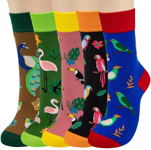 Chalier Cozy 5 Pairs Women Cotton Socks Cute Dog Cat Animal Pattern Novelty Funny Soft Breathable Casual Crew Sock Gifts for Ladies,One Size(Jungle Bird)