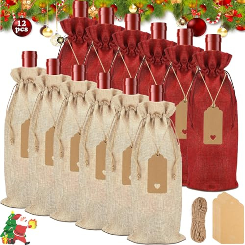 AMCHLEL 12 Bolsas de Regalo de Vino de Navidad, Reutilizables Cordón Bolsas para Botellas de Vino,Bolsas de Regalo para Vinos y Champán, Bolsa para Botellas de Papel para Cumpleaños