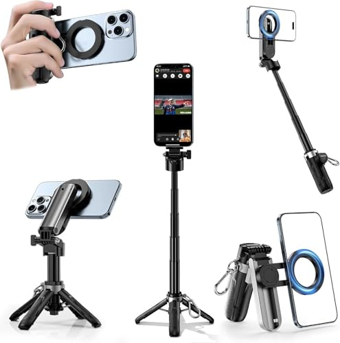 CloudValley Treppiede magnetico 4 in 1 multifunzione per selfie, mini supporto portatile tascabile per telefono con telecomando staccabile, compatibile con MagSafe, per iPhone/Android, Travel Vlog