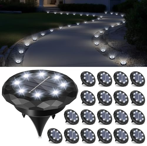 Solpex 20 Pack Solar Lights Outdoor Garden, 8 LEDs Solar Powered Ground Lights, IP65 Waterproof Garden Light for Yard, Patio, Pathway (Cold White)