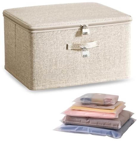 Luxvara Storage Box with Combination Lock, Collapsible Storage Box with Lid and Handle, Ideal for Clothes, Books, Toys and Medicines, Beige