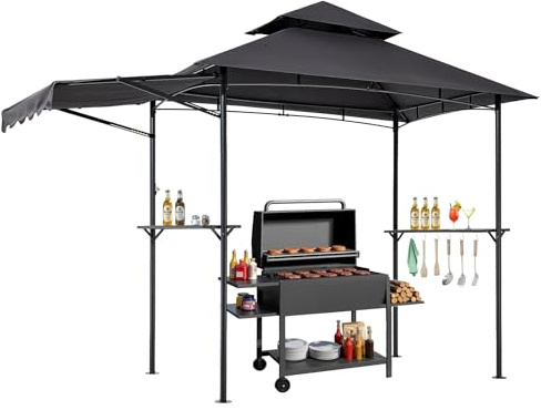 VEVOR Grillpavillon, 2430x1500x500mm, Grillüberdachung für Außengrill, 2-stufige BBQ-Gazebo-Überdachung, Doppeldach Gartenpavillon mit zusätzlicher Markise, für Terrasse, Hof & Garten