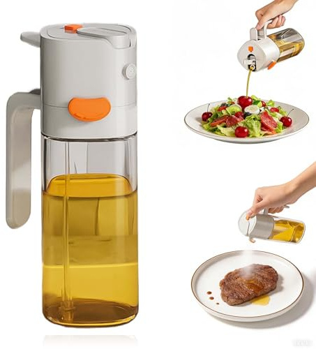 Rylae 2 in 1 Spruzzatore Olio, 500ml Spruzzino Olio Per Friggitrice Aria, Oliera Spray in Vetro 500ml Anti-Goccia, Bottiglia D'oliva in Vetro per Cucina, Insalata e Barbecue, Grigio