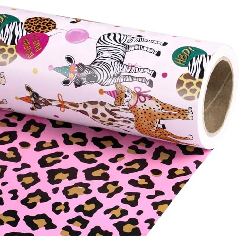 RUSPEPA Mini Reversible Birthday Gift Wrap Roll - Safari Animals Party & Pink Leopard Print, 43.2cm x 5m - Ideal for Girls Birthday Parties, Baby Shower