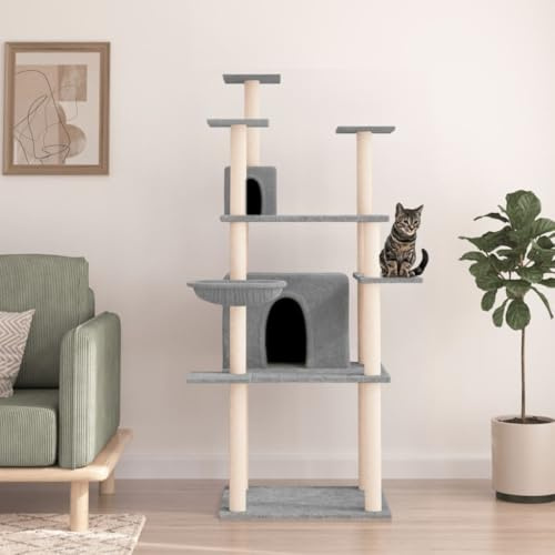 Tiragraffi con colonne in sisal, grigio chiaro, 166 cm, torre per gatti con 2 case, cestino, piattaforme, morbido peluche istinto graffio arrampicata relax
