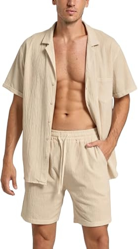 PADOLA Conjunto de 2 Piezas para Hombre Camiseta y Pantalones Cortos de Lino Traje de Verano Casual