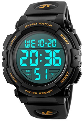 Gosasa Montre numérique étanche à LED pour homme - Grand cadran - Pour sports de plein air - Alarme lumineuse - Chronomètre - Armée simple - Doré - Taille M