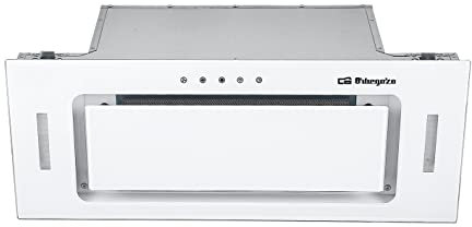 Orbegozo CA 09160 BL - Campana extractora cassette 60cm, Clase A, frontal cristal templado blanco, extracción 589,4 m3/h, 3 niveles de potencia, iluminación LED