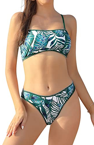 SHEKINI Bikini Bandeau para Mujer Traje de Baño Retro Bordado Top de Bikini con Cordones en La Espalda Braguitas de Bikini de Cintura Baja Bikini de Playa con Relleno