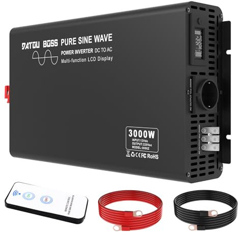 DATOUBOSS 3000W Inversor 12V 220V Onda Pura Convertidor Inverter, con Enchufe EU, Pantalla LCD, a Distancia, para Coche de camión RV, Viajes, emergencias