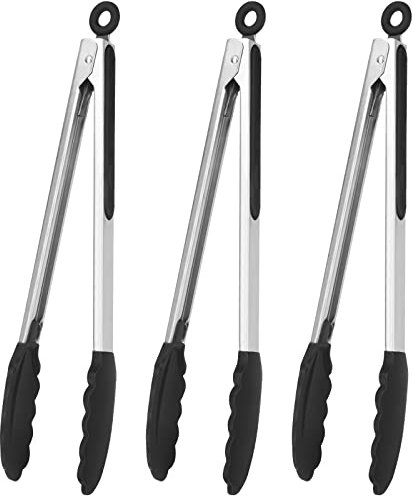 Pinze da cucina, resistenti al calore, in acciaio inox di alta qualità, con punte in silicone, antiscivolo, per cucinare, resistenti, antiaderenti (30 cm (confezione da 3)