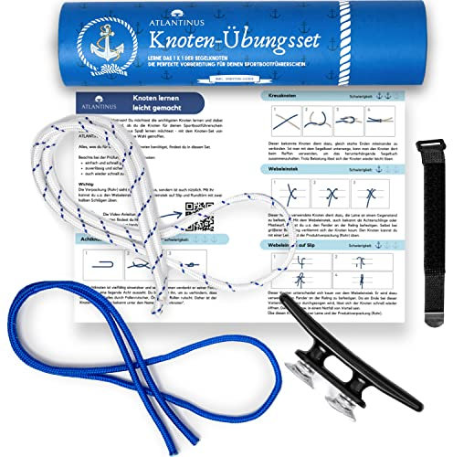 Knoten-Übungsset für den Sportbootführerschein See Binnen SBF mit Video-Anleitung - inkl. 2 x Seilen, Klampe mit Saugnäpfen, Klettgurt & Knotenanleitung auf Papier und Video