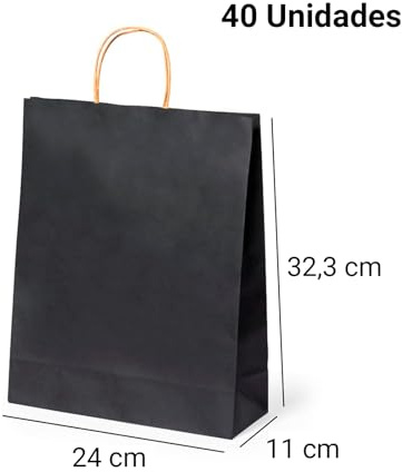 Deliex delicias de Extremadura 40 Bolsas de papel kraft medianas con asas 32,3 cms x 24 cms x 11 cms bolsas para regalos. Bolsas para comercios de papel, reutilizables ideales para regalar (Negras)