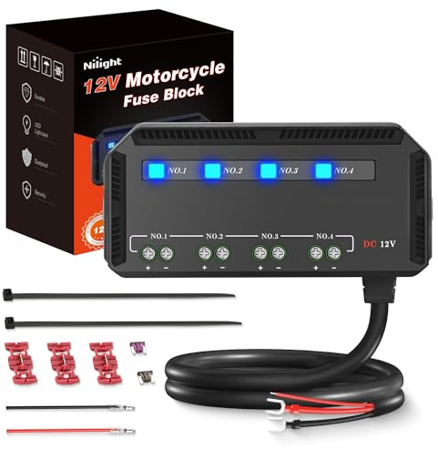 Nilight 12V Motorcycle Fuse Box 20A Low Profile Terminal Block Holder w/LED Indicator 4 Circuits Protection Battery Relay for Cars Motorcycles ATV UTV 12 Volt Vehicles