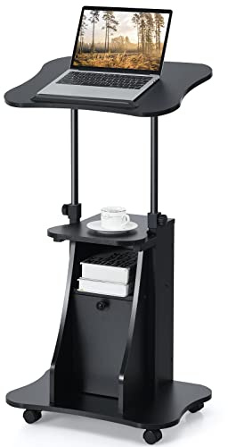 COSTWAY Mobile Laptop Table, Height Adjustable Sit Stand Desk Podium Stand Presentation Cart with Wheels, Shelves and Storage Cabinet, Home Office PC Computer Workstation (Black, 55 x 40 x 68-114cm)