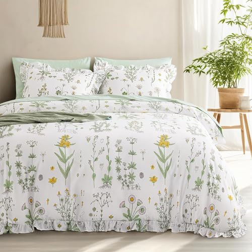 Lanqinglv Rüschen Bettwäsche 200x220 cm Grün Weiß Blätter Blumen Muster Pflanzen Bunt Mikrofaser Bettbezug mit Reißverschluss und 2 Kissenbezug 80x80 cm