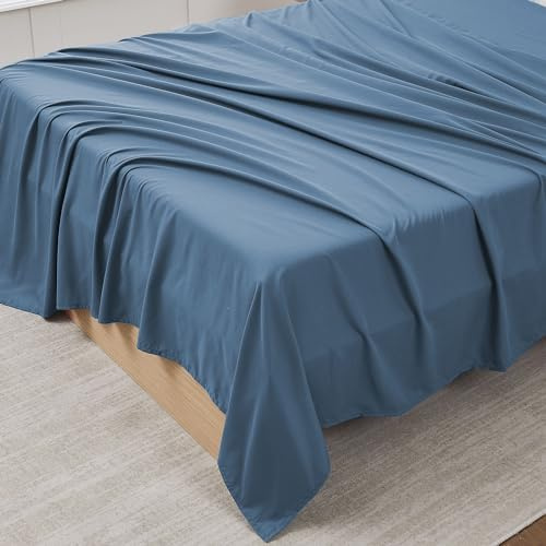 King Size Flat Sheet Only - Ultra Soft & Breathable Brushed Microfiber Top Sheet Only for King Size Beds, King, Denim Blue