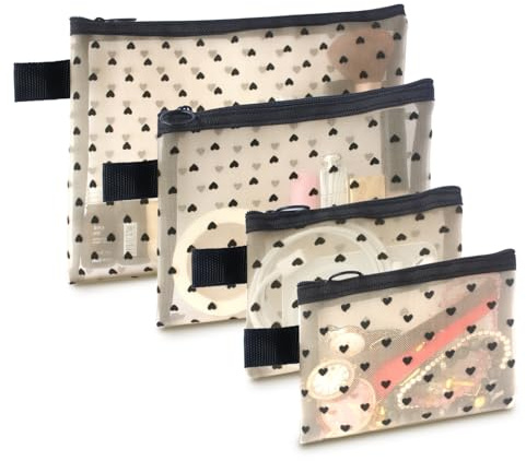 4-Piece Heart Printed Mesh Makeup Bag Set, Portable Travel Mesh Cosmetic Bags Toiletry Bags Makeup Purse Bags, Zipper Storage Pouches for Home Offices Travel Accessories (Beige)