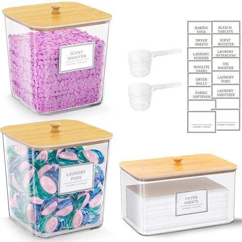 2+1 Pack Laundry Pods Container,Clear Laundry Detergent Powder Storage Containers,Laundry Room Organization Containers with Wooden Lids & Labels,Laundry Pods Holder for Scent Booster,Dryer Ball