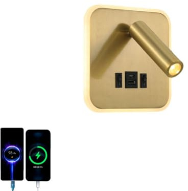 LOGT LED Läslampa Vägglampa med Strömbrytare Och USB Type-C Dubbel LaddningsMouth Vägglampa Sänglampa 3W 3000K+10W 4000K Inomhus Belysning Väggspot 360 ° Roterande (Rektangel Varmt Ljus),Gold