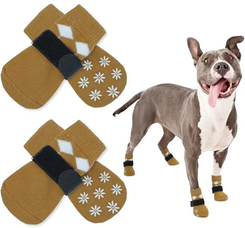 PUMYPOREITY 2 Paires Coussinets Protection Chien Antidérapants, Chaussures d'Hiver avec Chaussettes Chaleur (Marron, L)