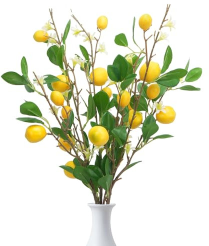 Zythrem 3 pezzi di limoni artificiali con foglie e fiori, come veri frutti di limone, per casa, cucina, tavolo, matrimonio, festa, giardino